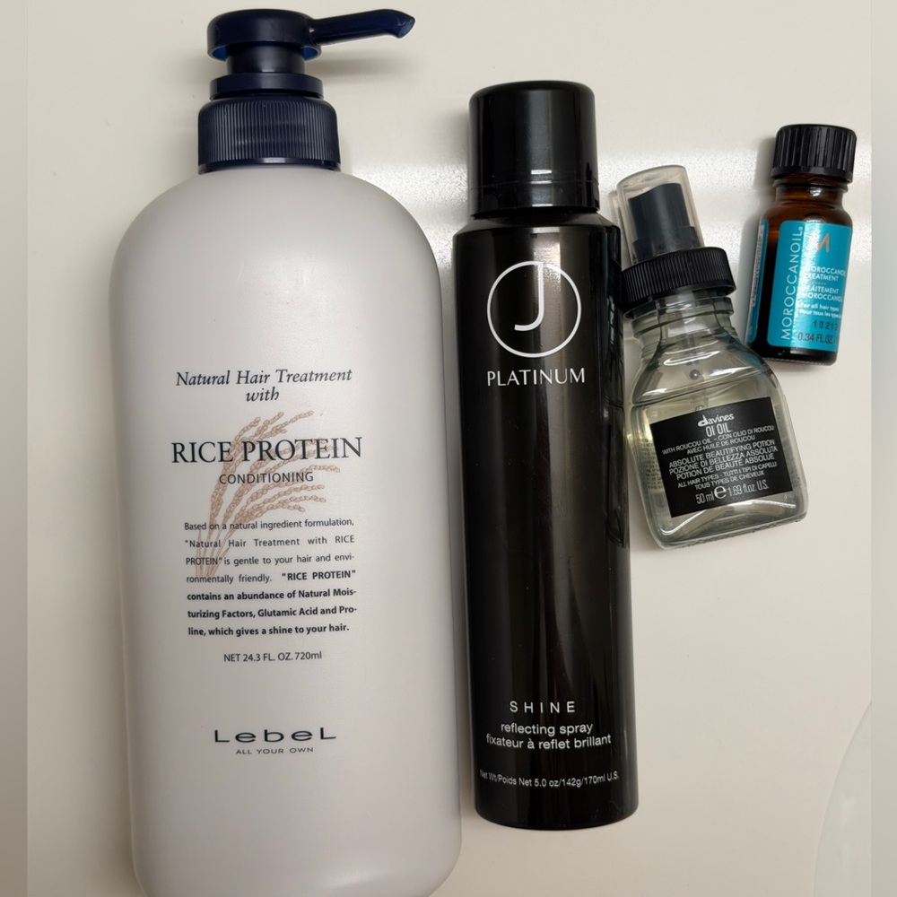 Lebel Rice Protein Conditioner, Davines oil, Shine Spray, Moroccan oil